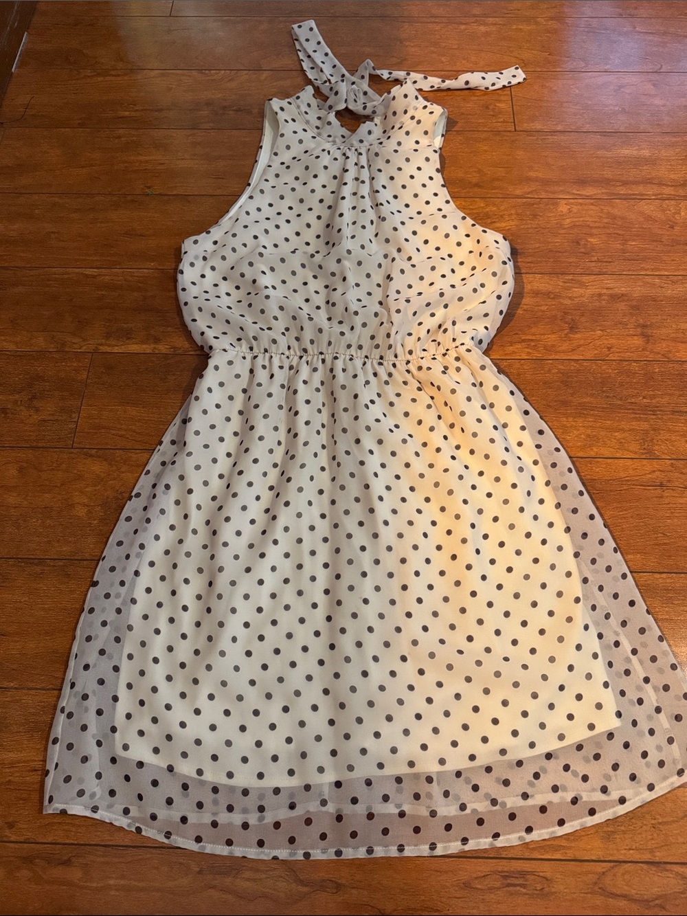 Sweet Pea Cream Halter Mini Dress with Black Polka Dots